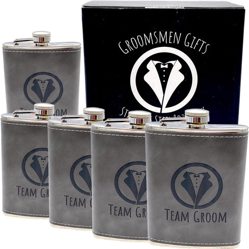 Team Groom Leather Wrapped Hip Flask Bachelor Party Must-Have